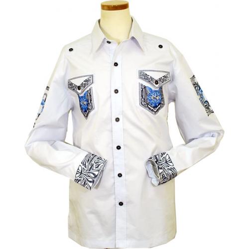 Prestige White With Navy / Royal Blue Embroidery 100% Cotton Long Sleeve Casual Shirt COT-153
